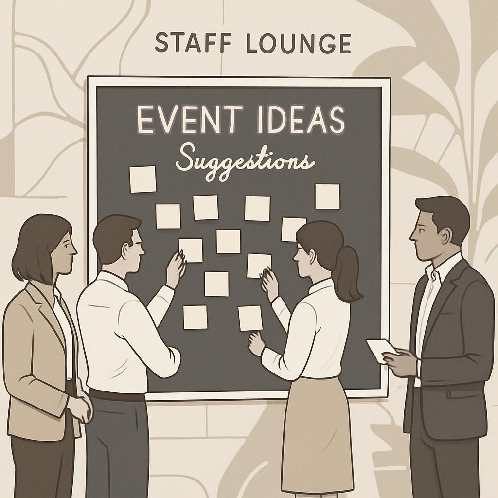 An illustration of four people in business attire, with a chalkboard that displays the title 'Event Ideas Suggestions,' su...
