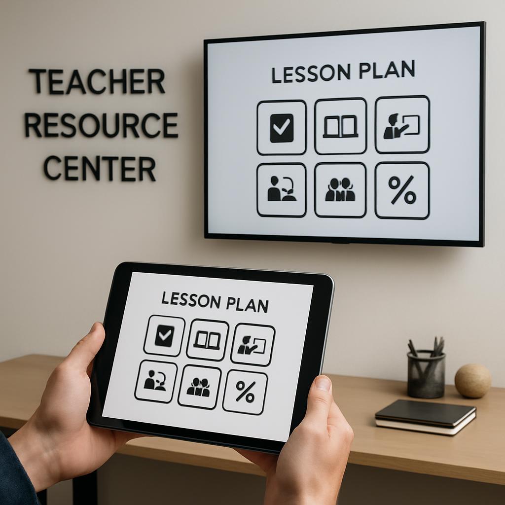 A digital classroom sign displaying "LESSON PLAN" and six icons for types of lessons, with a tablet held in front, display...