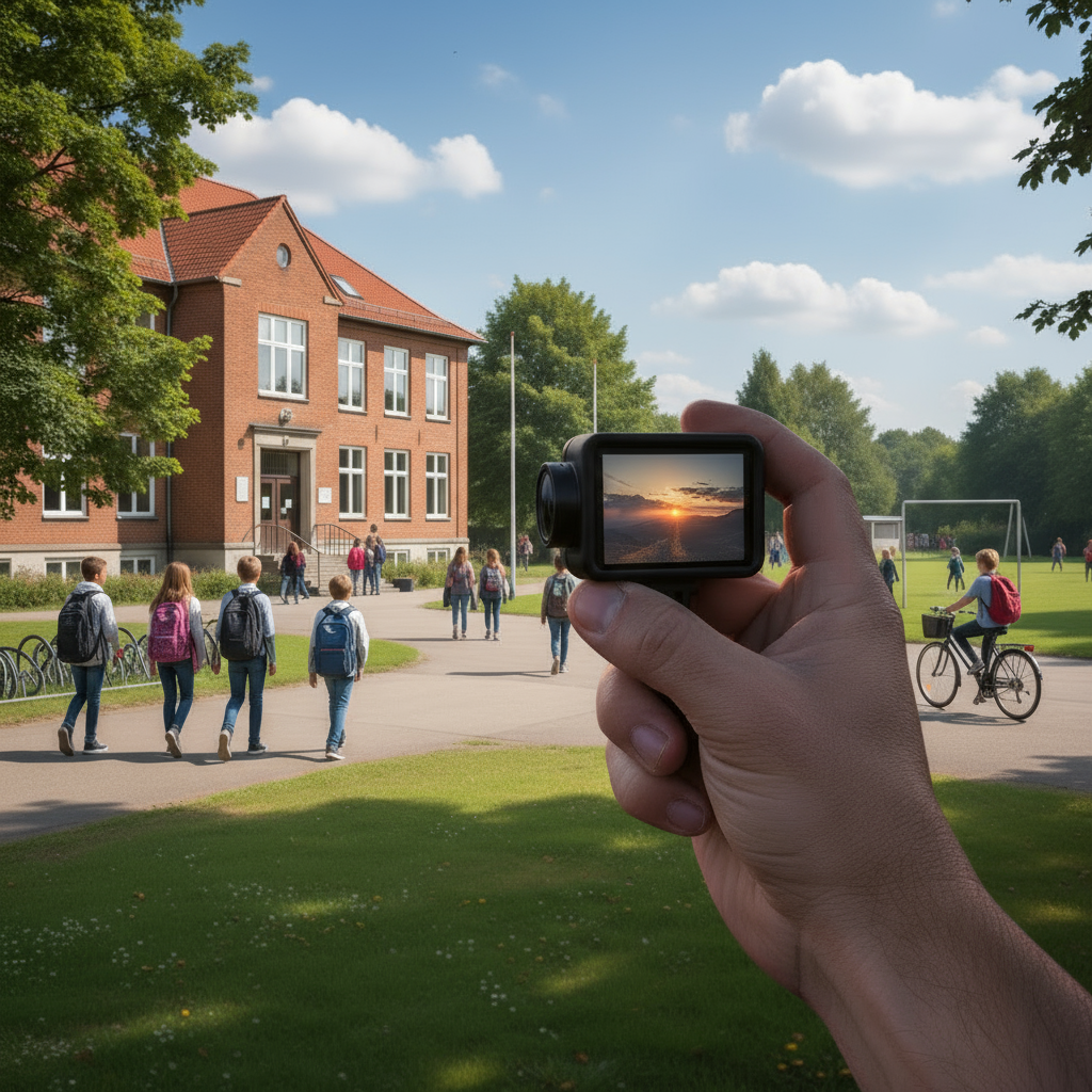 Action camera with a hand holding it, the background is a school setting, and the display or lens view inside the camera matches and shows the same school setting as the background.